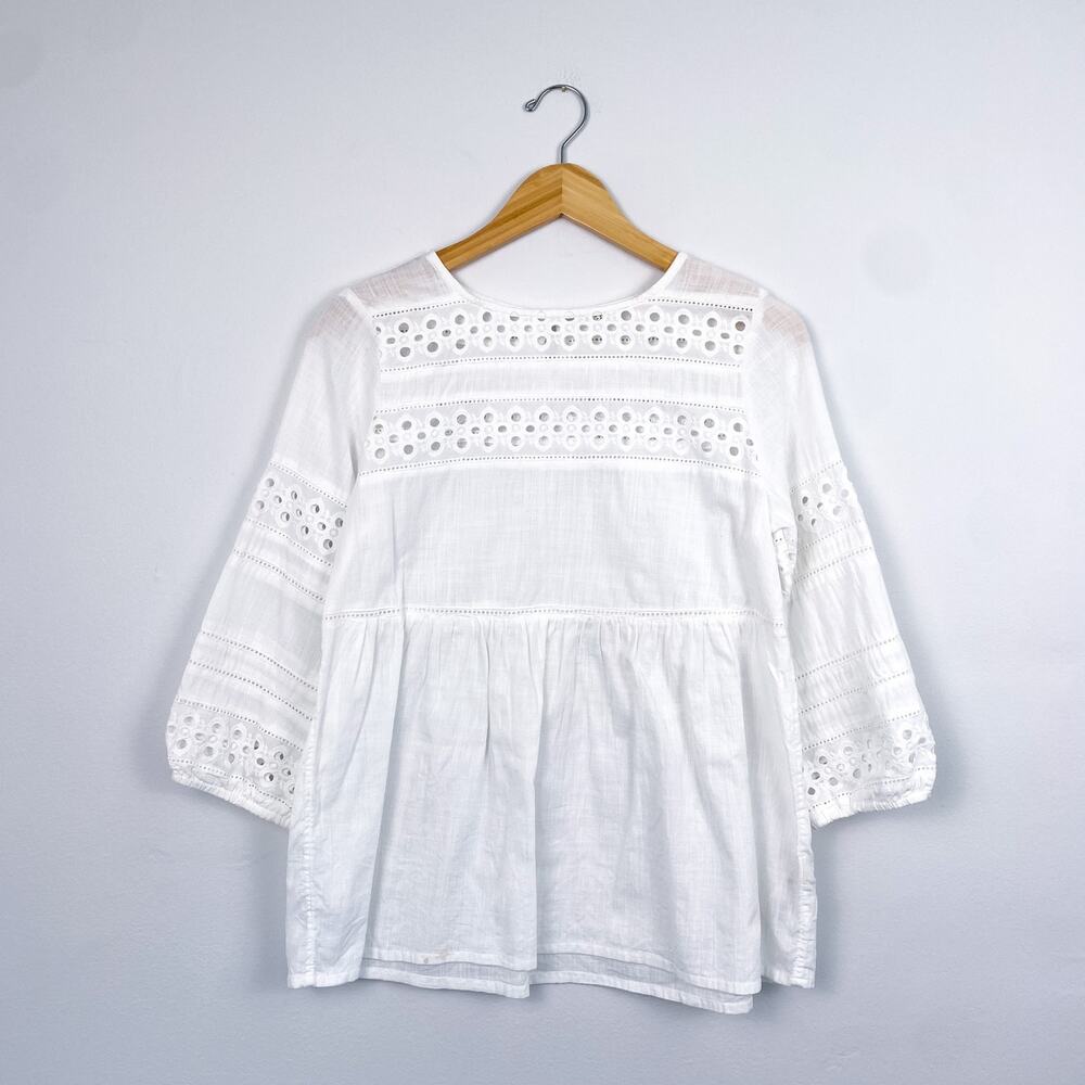 Fat Face White Eyelet Cotton Peasant Blouse